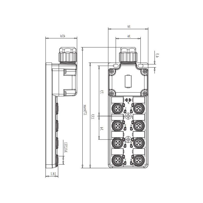 M12分线盒、双通道、NPN、8端口分体式、带LED、PCB端子带插头、24N8SN