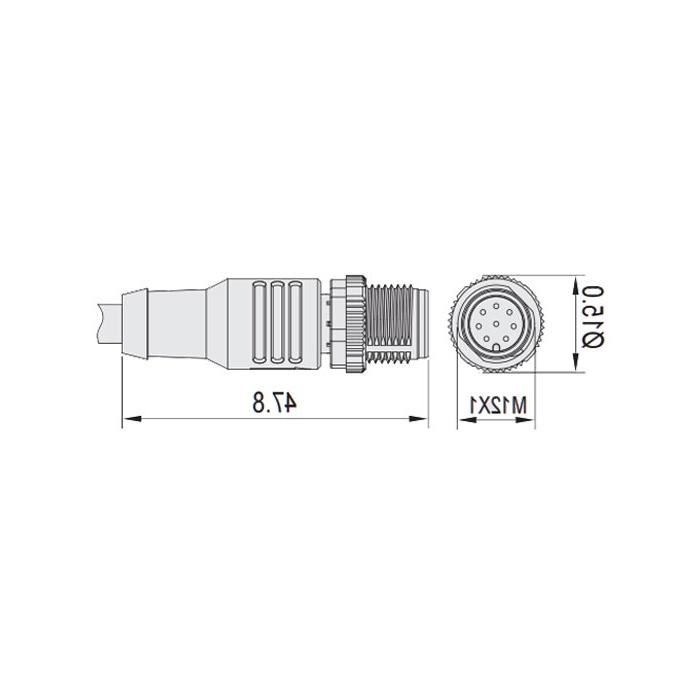 M12 8Pin、公头直型、单端预铸PUR柔性电缆、带屏蔽、黑色护套、64S363-XXX